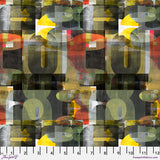 Abstract pattern with geometric shapes in black, yellow, red, and gray on a white background.