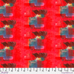 Colorful fabric pattern with abstract shapes on a red background