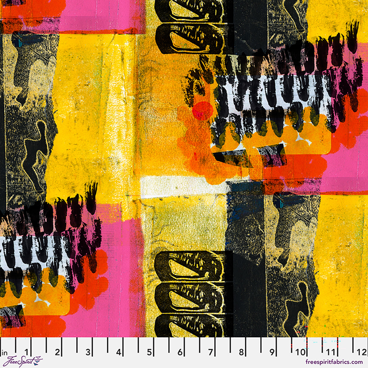 Colorful abstract fabric pattern with black text on a yellow and pink background, featuring a ruler at the bottom.