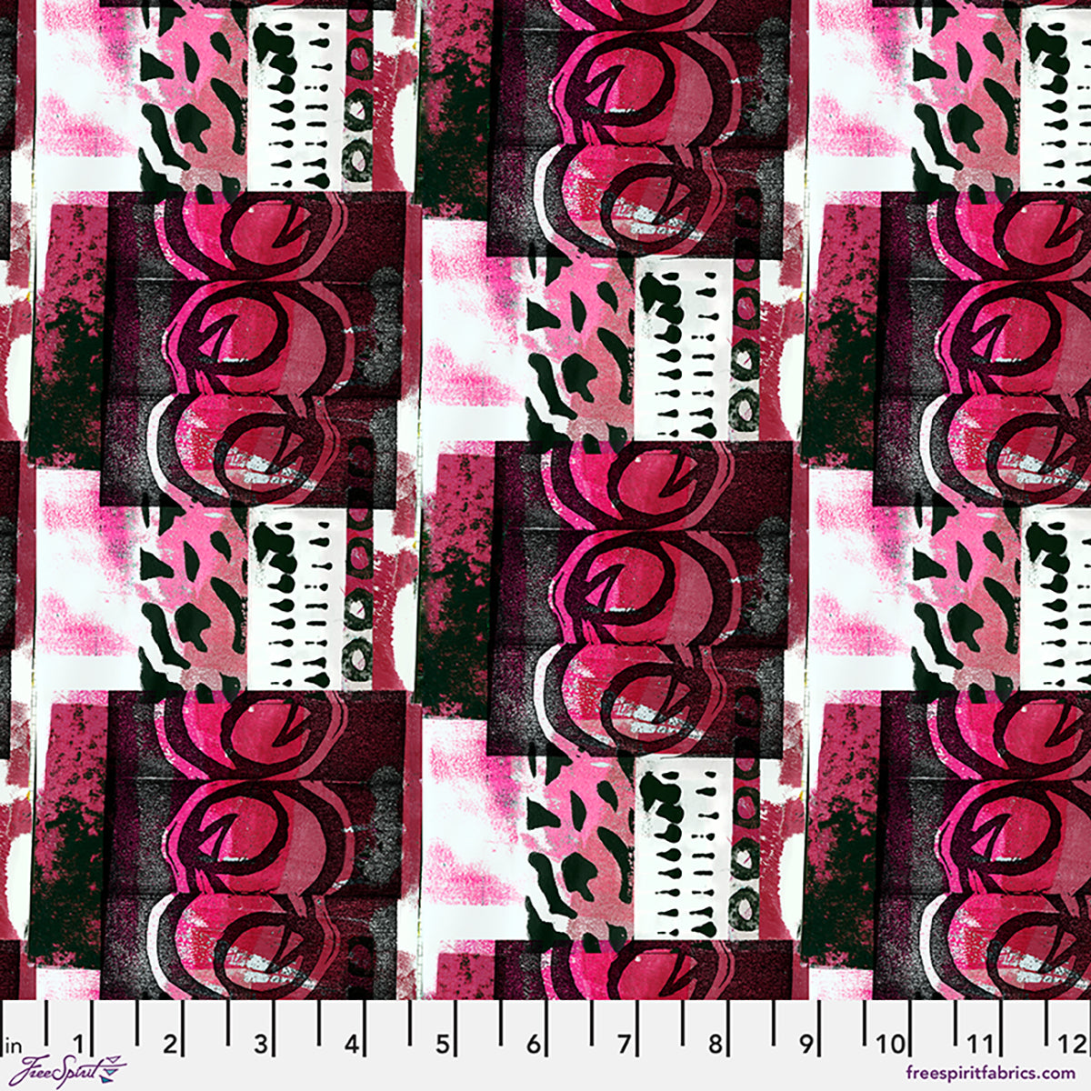 Patterned fabric with pink and black design on a white background, featuring a ruler at the bottom.