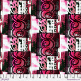 Patterned fabric with pink and black design on a white background, featuring a ruler at the bottom.