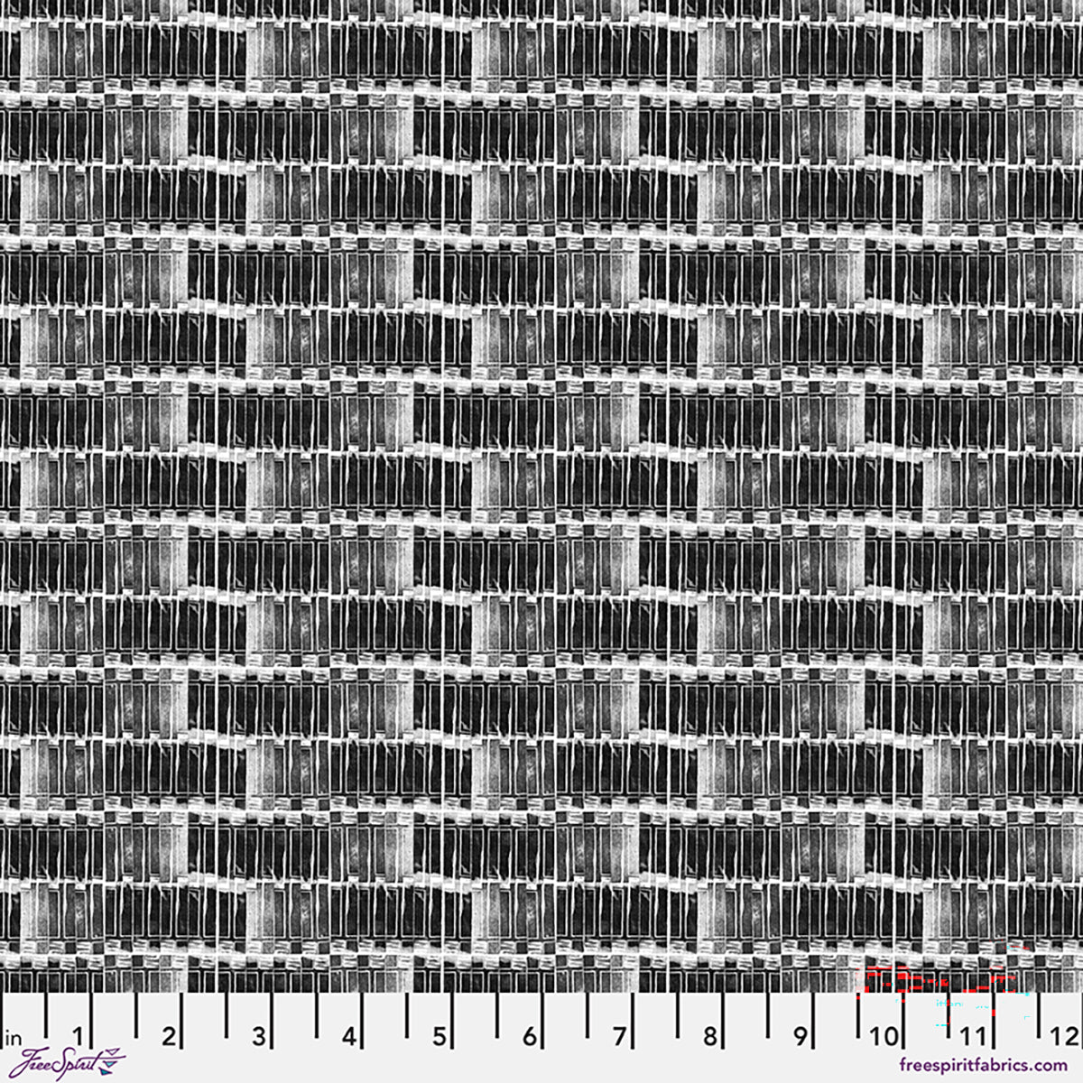 Black and white woven fabric pattern with a ruler at the bottom
