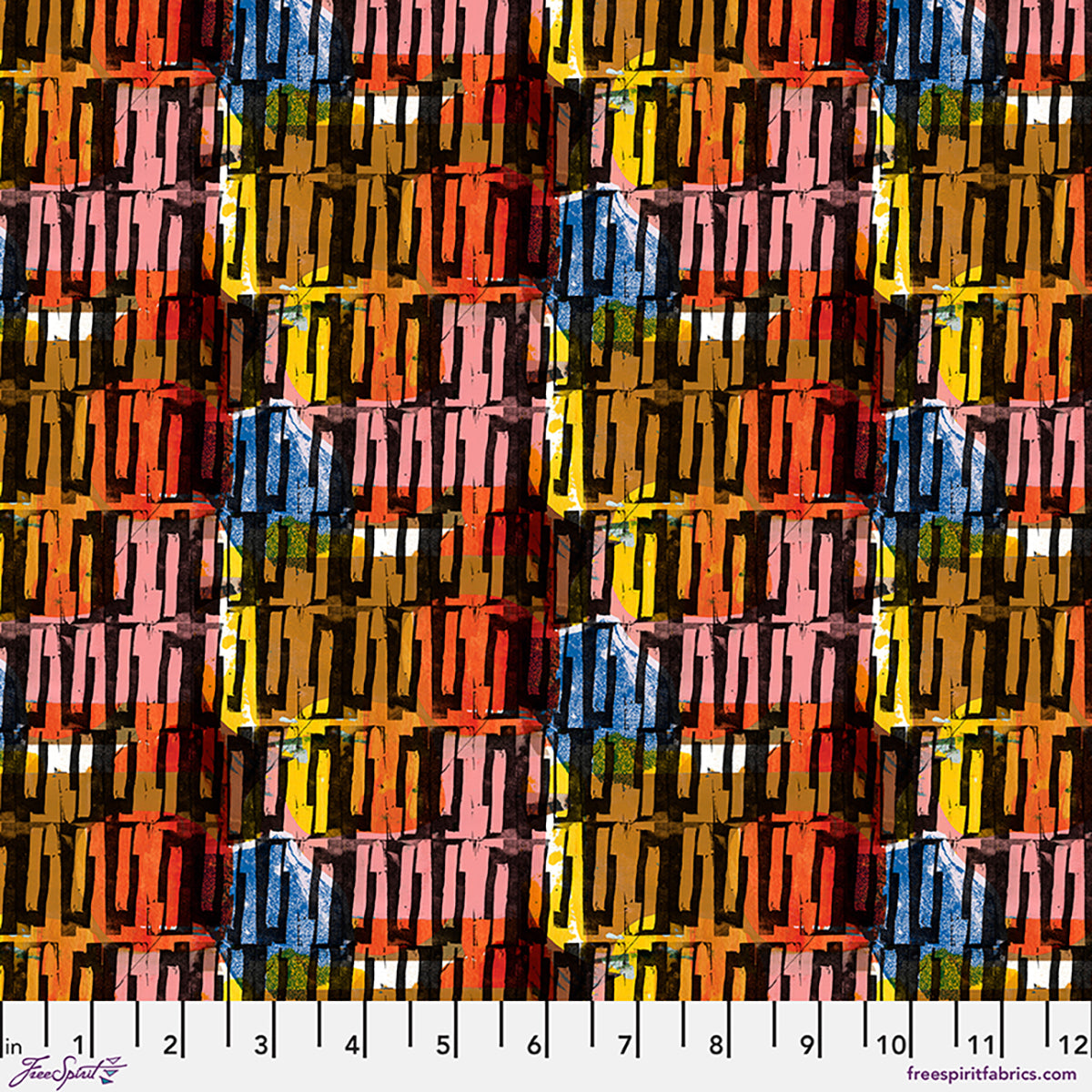 Colorful fabric pattern with a ruler at the bottom for scale