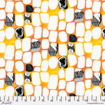 Patterned fabric with black and white abstract designs on a yellow background, measured in inches.