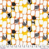 Patterned fabric with black and white abstract designs on a yellow background, measured in inches.