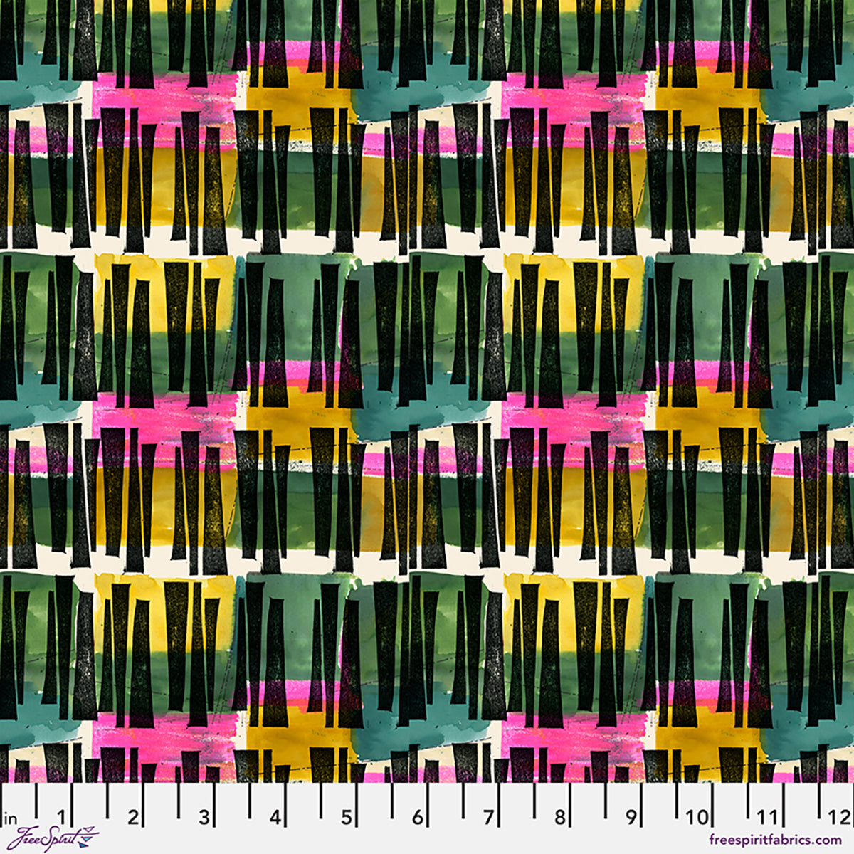 Colorful geometric pattern with black, yellow, pink, and green lines on a fabric swatch.