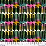 Colorful geometric pattern with black, yellow, pink, and green lines on a fabric swatch.