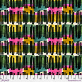Colorful geometric pattern with black, yellow, pink, and green lines on a fabric swatch.