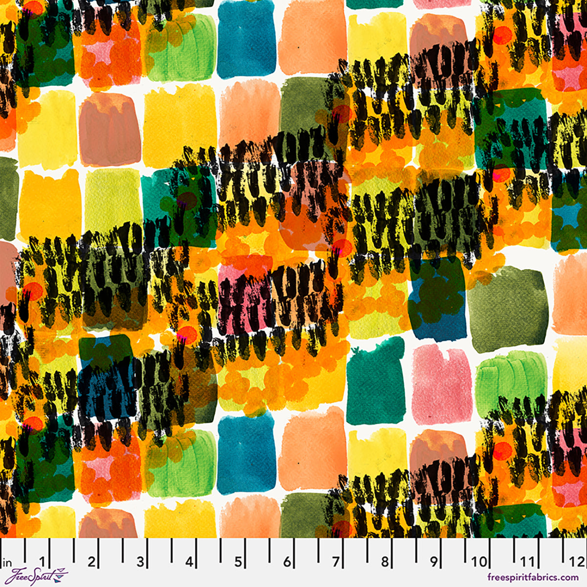 Colorful fabric pattern with black text on a white background, featuring a ruler at the bottom.