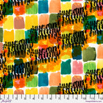 Colorful fabric pattern with black text on a white background, featuring a ruler at the bottom.