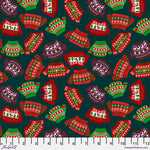 Pattern of colorful sweaters on a dark blue background with a fabric swatch at the bottom.