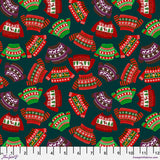 Pattern of colorful sweaters on a dark blue background with a fabric swatch at the bottom.