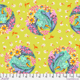 Colorful dragon and floral pattern on a green background