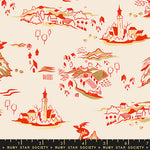 Fabric pattern with red and gold illustrations of landscapes and buildings on a beige background, featuring a ruler at the bottom.