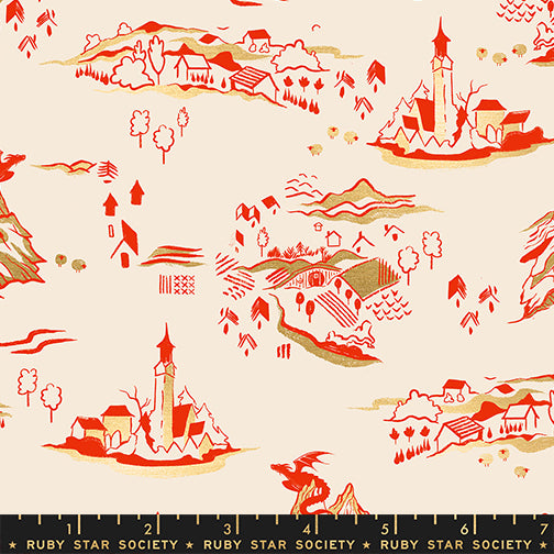 Fabric pattern with red and gold illustrations of landscapes and buildings on a beige background, featuring a ruler at the bottom.