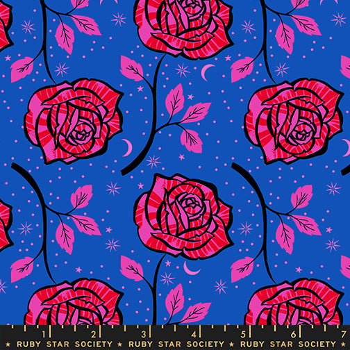Ink Shop Roses Blue Ribbon Fabric by Ruby Star Society