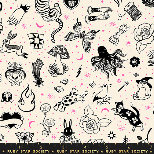 Ink Shop Tattoo Flash Natural Fabric by Ruby Star Society