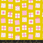 Pattern of pink and white gift boxes and bows on a yellow background with a ruler at the bottom.
