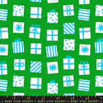 Pattern of blue and white gift boxes on a green background with Ruby Star Society label.