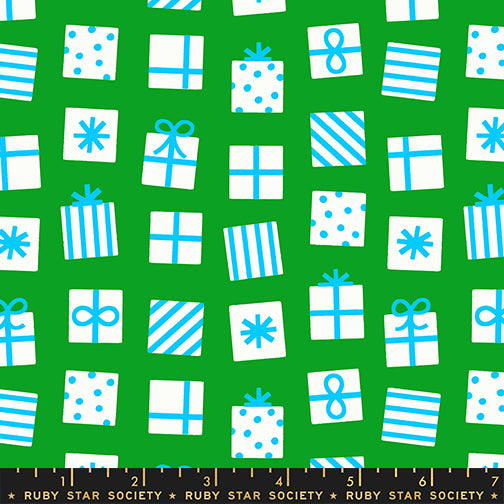 Pattern of blue and white gift boxes on a green background with Ruby Star Society label.