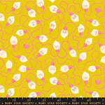 Pattern of light bulbs and wires on a yellow background with Ruby Star Society label.