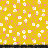 Pattern of light bulbs and wires on a yellow background with Ruby Star Society label.