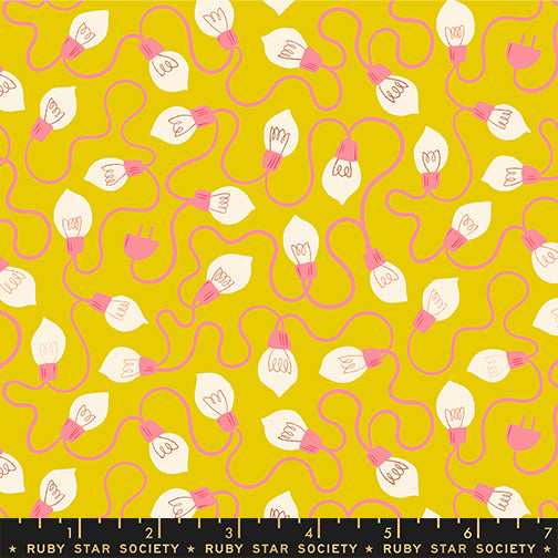 Pattern of light bulbs and wires on a yellow background with Ruby Star Society label.