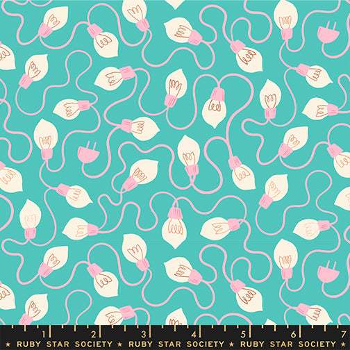 Pattern of light bulbs and wires on a teal background with a ruler at the bottom.