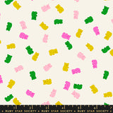 Pattern of colorful gummy bears on a white background with a Ruby Star Society label at the bottom.