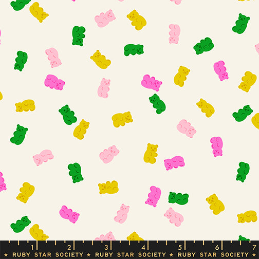 Pattern of colorful gummy bears on a white background with a Ruby Star Society label at the bottom.