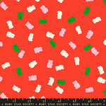 Pattern of colorful gummy bears on a red background with a Ruby Star Society label at the bottom.