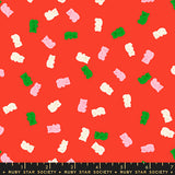Pattern of colorful gummy bears on a red background with a Ruby Star Society label at the bottom.