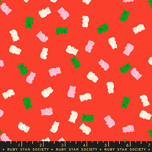 Pattern of colorful gummy bears on a red background with a Ruby Star Society label at the bottom.