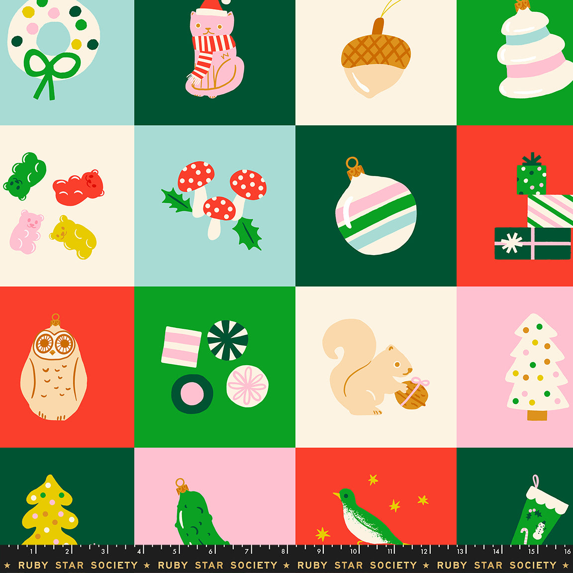 Pattern of Christmas-themed illustrations on a checkered background with Ruby Star Society branding.