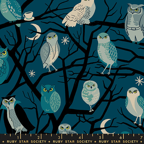Pattern of owls and branches on a blue background with 'Ruby Star Society' branding.