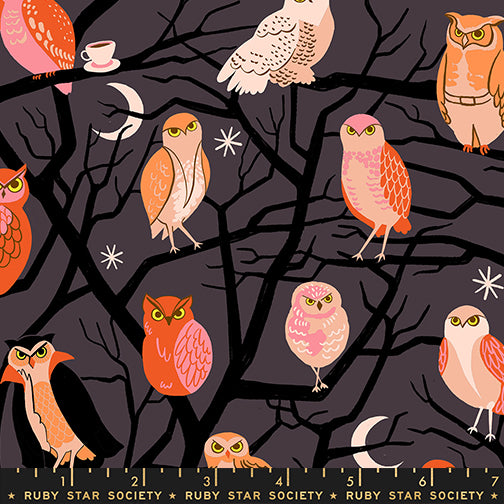 Pattern of colorful owls on a dark background with tree branches, featuring the Ruby Star Society label.