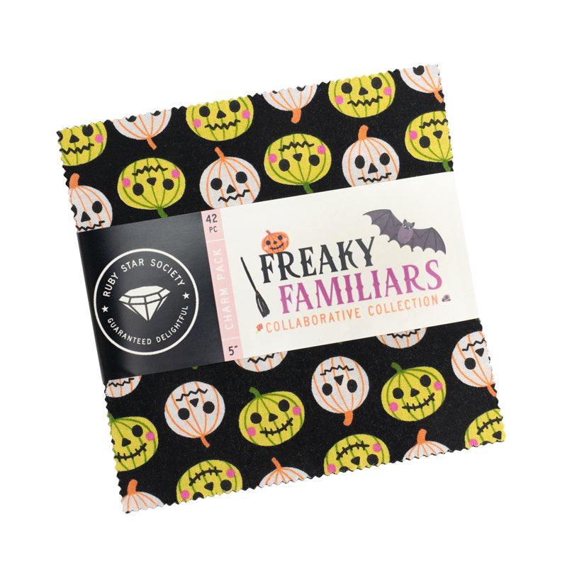 Freaky Familiars fabric with Halloween-themed design on a black background