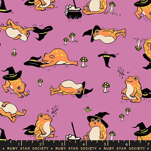 Pattern of cartoon frogs in witch costumes on a purple background with visible brand 'Ruby Star Society'.