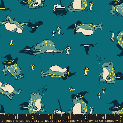 Pattern of cartoon frogs with witch hats and hats on a teal background, featuring Ruby Star Society branding.
