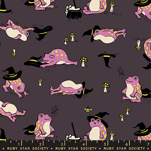 Pattern of cartoon frogs in witch costumes on a dark background with 'Ruby Star Society' branding.