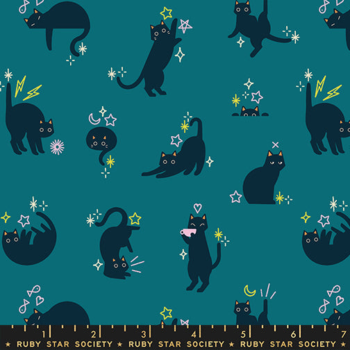 Pattern of black cats and star-like shapes on a teal background with a ruler at the bottom.