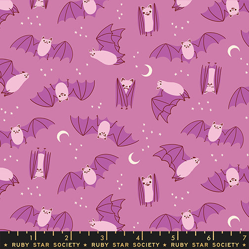 Pattern of bats and cats on a purple background with a Ruby Star Society label at the bottom.
