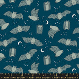 Pattern of bats and moons on a blue background with Ruby Star Society label at the bottom.