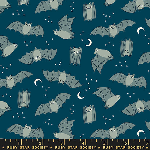 Pattern of bats and moons on a blue background with Ruby Star Society label at the bottom.