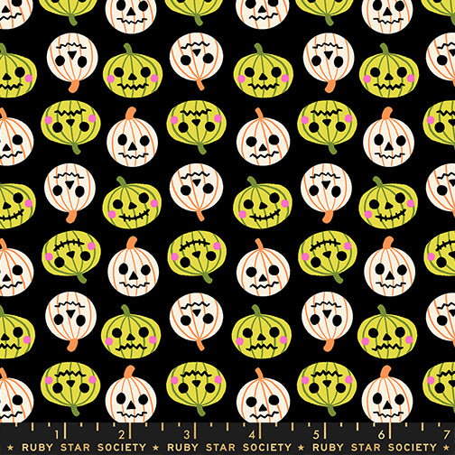 Pattern of Halloween-themed pumpkins and ghosts on a black background with Ruby Star Society branding.