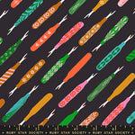 Colorful pattern of crochet hooks on a black background with Ruby Star Society branding.