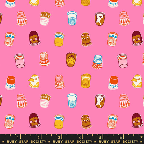 Pattern of colorful thimbles on a pink background, with a Ruby Star Society label at the bottom.