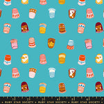 Pattern of colorful thimbles and sewing-related items on a blue background with Ruby Star Society label.