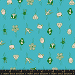 Patterned fabric with cartoon-like illustrations on a blue background, featuring animals and objects.