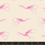 Pattern of pink scissors and birds on a beige background with Ruby Star Society label at the bottom.